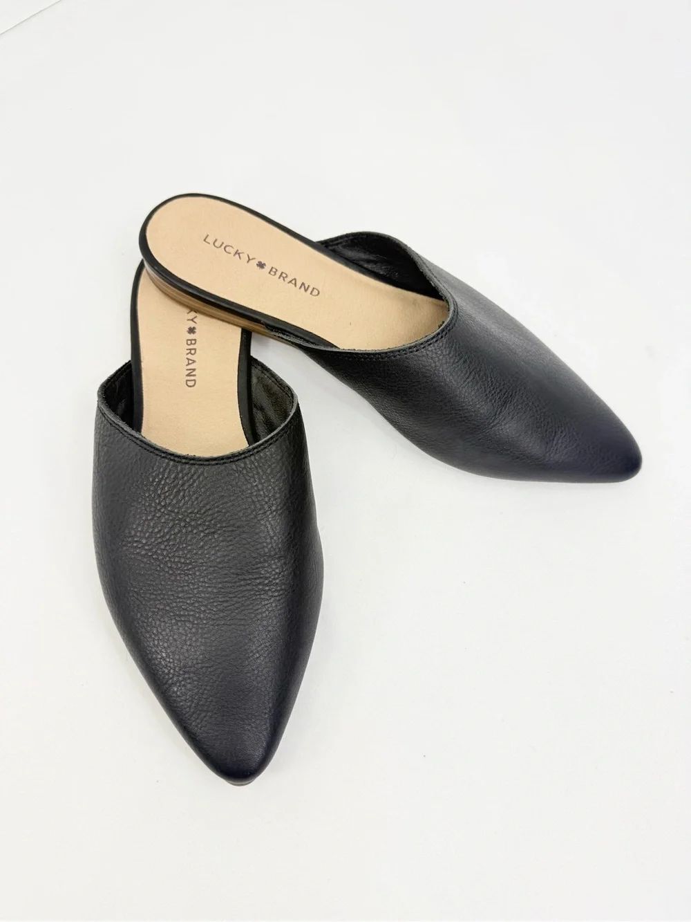 Lucky Brand BAIRY Black Leather Pointed Toe Slip On Mule Slide Flats